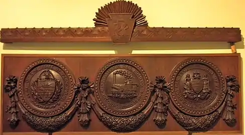 Seal of the Pennsylvania Railroad and coats of arms of Pennsylvania and the City of Philadelphia, from the PRR boardroom at the Broad Street Station.  Now at the Railroad Museum of Pennsylvania.