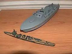 John F. Kennedy's PT-109 has been a popular a subject for plastic and radio controlled models since the 1960s. Here is a 1/72 Revell kit positioned against a 1/700 Japanese light cruiser.
