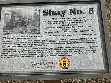 Shay plaque at a display in Williams, Arizona in 2020