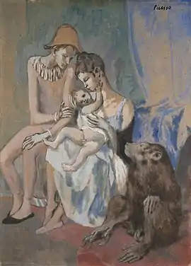 Pablo Picasso, 1905, Acrobat's Family with a Monkey (Famille au Singe), collage, gouache, watercolor, pastel and India ink on cardboard, 104 × 75 cm, Göteborgs Konstmuseum, Gothenburg