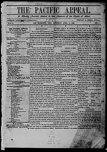 Front page of the first issue of The Pacific Appeal, April 5, 1862