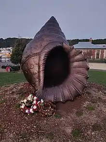 The Pacific Islands memorial in the shape of a bronze shell shortly after it was installed