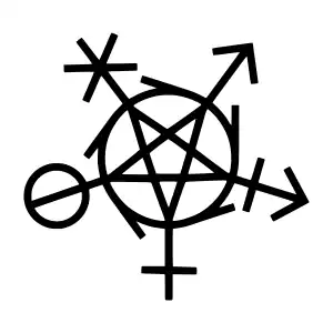 A circumscribed pentagram, pointed down, surrounded by various gender symbols. Aligned with the interior points of the pentagram are the arrow symbol of Mars, the plus symbol of Venus, the combined arrow-plus of transgender and neuter categories, the asterisk of non-binary identities, the cross-out circle of agender identities, while spokes off the center circle represent gender fluidity.