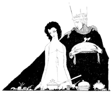 The prince pleading for Cinderella to try the shoe, illustration in The fairy tales of Charles Perrault by Harry Clarke, 1922