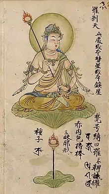 Rakshasa as a single deity, depicted on a page from a folio describing deities from the Diamond Realm and Womb Realm.Japan, Heian period, 12th century.
