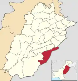 Map of Bahawalnagar District (highlighted in red) within Punjab.