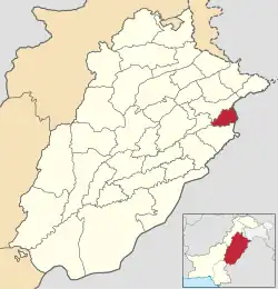 Map of Lahore District highlighted within Punjab Province
