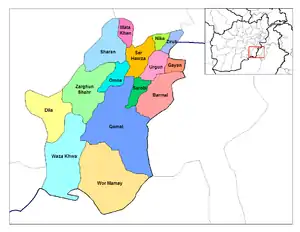 Wor Mamay district (in yellow) within the province of Paktika.