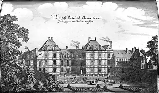 Garden façade of the Hôtel de Chevreuse before 1655, engraved after Jean Marot and published in Topographia Galliae