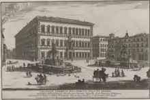 Engraving of a three-storey rectangular building overlooking a square with a fountain.