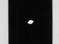 Pan in the center of the image, occupying the Encke Gap in Saturn's rings. Its walnut-like shape is clearly visible.