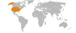 Map indicating locations of Panama and USA