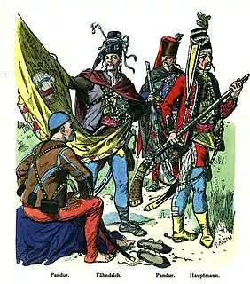 The three Croatian light troops on the right wear the Flügelkappe. Uniforms are from circa 1750.