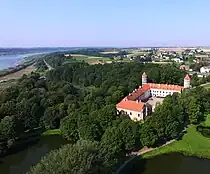 An aerial shot of Panemunė Castle