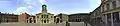 Panorama view. The upper yard of the Dublin Castle, Dublin, Republic of Ireland. The view shows, from left to right: Conference Centre, Bedford Hall flanked by the Gates of Fortitude and Justice, Revenue Commissioners, entranceway from the Chapel Royal/Record Tower yard, and finally States Apartments and Dubhlinn Tearooms.