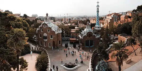 Panoramic view of the entrance to the Park Güell. Barcelona, Catalonia, Spain