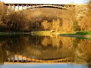 A picture of the lake with the Panther Hollow Bridge rising above it