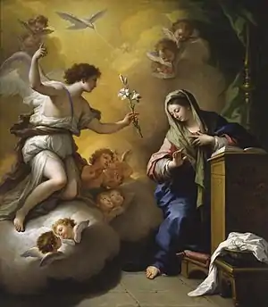 The Annunciation by Paolo de Matteis, 1712, Saint Louis Art Museum, Saint Louis. The white lily in the angel's hand is symbolic of Mary's purity in Marian art.