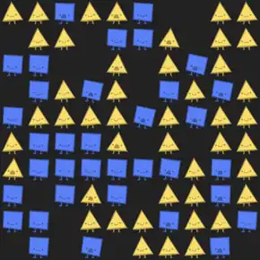 A grid of randomly positioned blue squares and yellow triangles with faces showing happy, unhappy, or neutral expressions