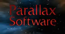 The words "Parallax" and "Software" in red, aligned vertically, superimposed over a collage of stars