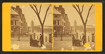 Stereoscopic view of Park Square and train station, from Boston Common, 19th century