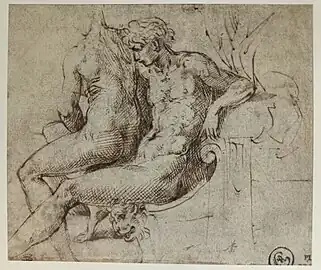 A drawing  that copies image 10 by Parmigianino. Pen and brown ink on Paper, trimmed. 1524 - 1527
