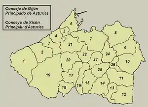 Mapa coles parroquies de Xixón