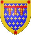 Arms of the département of Pas-de-Calais, based on the arms of the county of Artois. The label terminates at the bordure and is charged with castles Or.