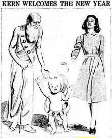 From left to right: an illustration of an elderly, bearded man resting on a staff and with a sash saying '1940', aan ilustration of a baby with a sash saying '1941', and a photograph of a confident-looking young lady