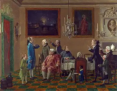 British Gentlemen at Sir Horace Mann's's Home in Florence (circa 1765), including John Tylney, 2nd Earl Tylney, by Thomas Patch; Yale Center for British Art, Paul Mellon Collection