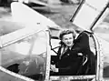 Patty Thomas in a Lockheed P-38 Lightning plane in Europe during May 1945 on Bob Hope USO tour.
