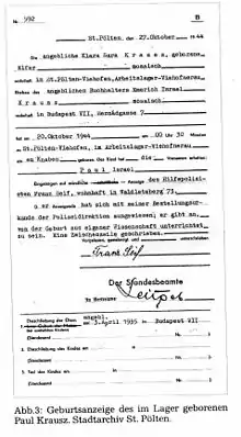 Paul Kraus's birth certificate (St. Pölten, Austria archives)