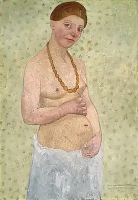 Paula Modersohn-Becker, Selbstbildnis am 6 Hochzeitstag ("Self-portrait on her 6th wedding anniversary") 1906. She depicts herself as pregnant, which at that point she never had been.
