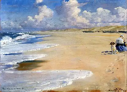 Stenbjerg with Marie painting on the beach (1889)