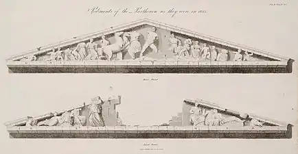 Illustrations with the sculptures of the two pediments of the Parthenon, by James Stuart & Nicholas Revett in 1794