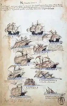 Pen and ink sketch depicting various sailing ships, some of which are in the process of foundering