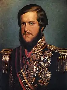 Half-length portrait from a photograph showing the young, bearded Emperor Pedro II in full uniform with sash of office and various medals