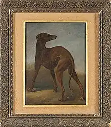 Painting representing a greyhound seen from the side.