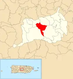 Location of Pellejas within the municipality of Orocovis shown in red