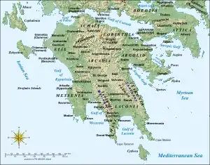 Topographic map of the Peloponnese peninsula with placenames