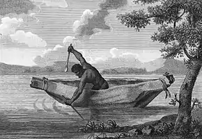 Black and white painting of Aboriginal man in a canoe on a body of water, in the midst of rowing.