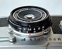 Olympus Pen F/FT (35mm analog film) lens E. Zuiko Auto-S 1:2.8 f=38mm 1966