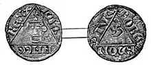 A photograph of the front and back of a silver penny, the design dominated by a triangle in the centre of each coin. One side shows King John's head.