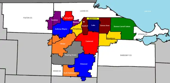 School districts served by Penta. Penta's location is marked with a white pentagon in Rossford's school district.