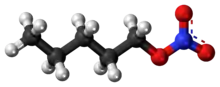 Ball-and-stick model of the pentyl nitrate molecule