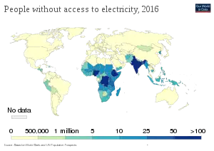 Map of people with access to energy. Lack of access is most pronounced in India, Sub-Saharan Africa and South-East Asia.