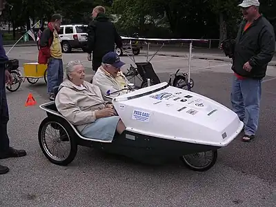 A velomobile with a boxy fairing
