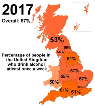 Percentage of people in who at-least drank the week being surveyed regionally