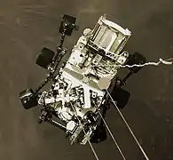 Perseverance rover during Mars skycrane landing, February 2021