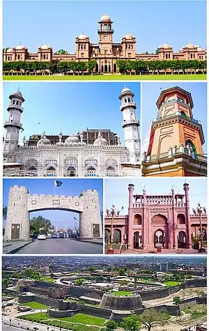 Clockwise from top:Islamia College University, Cunningham Clock Tower, Sunehri Mosque, Bala Hissar, Bab-e-Khyber, Mahabat Khan Mosque